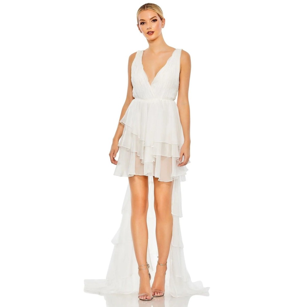 Mac Duggal 55320 White High Low Ruffle Tiered V-Neck Gown Sleeveless Train